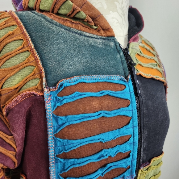 Ark Import Artsy Boho Faded Patchwork Hooded Fleece Lined Jacket Size M Hippi - Picture 6 of 16